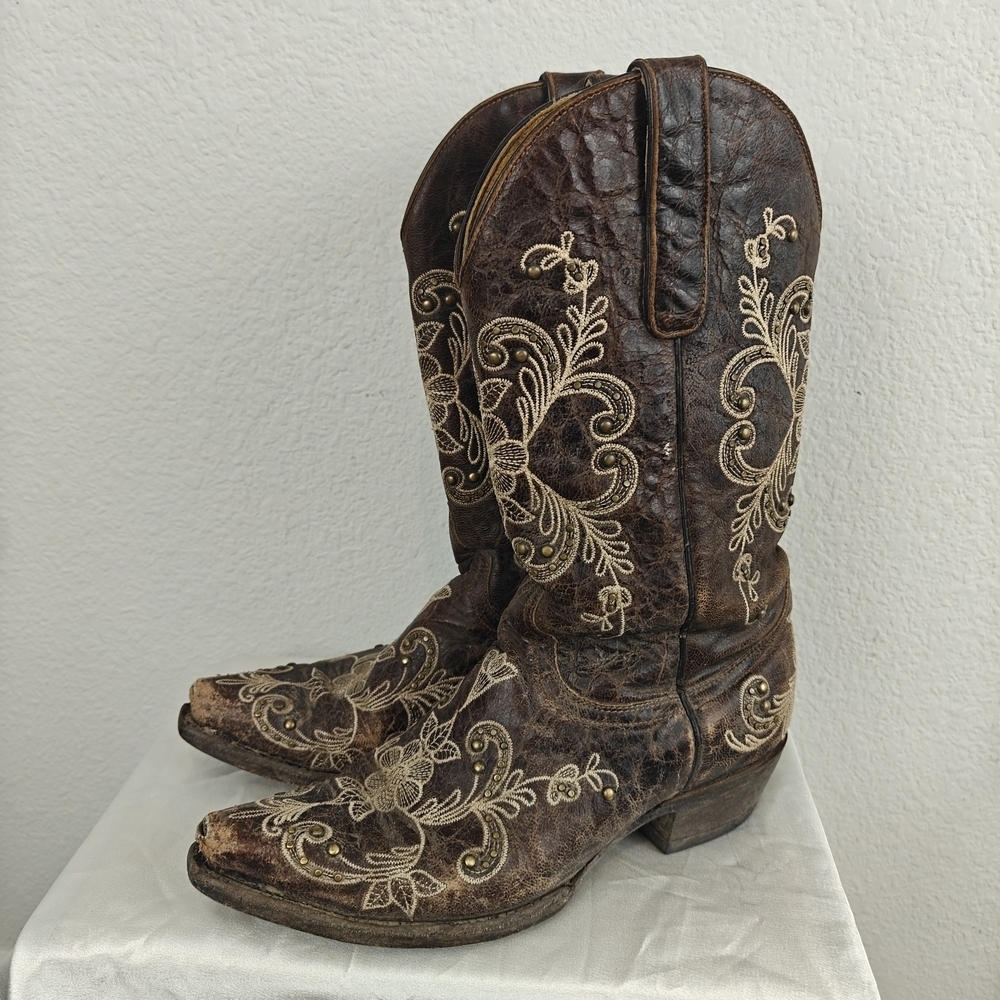 Cavenders Western Embroidered Leather Heeled Cowgirl Boots Boho Rodeo 7.5B